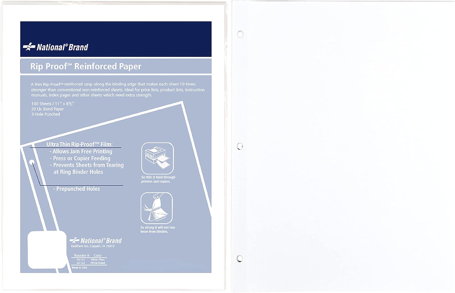National Rip Proof Reinforced Filler Paper, 3-Hole, 8.5 X 11, Unruled, 100/pack,White