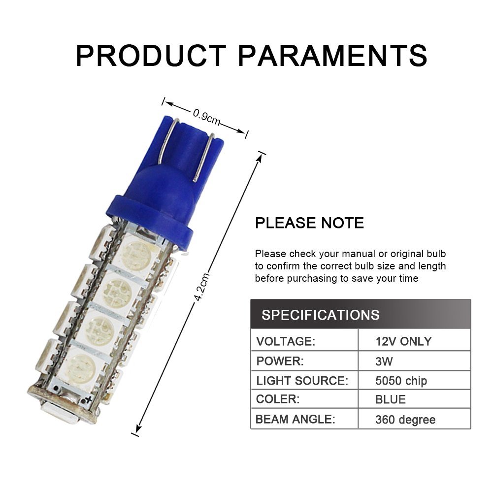 Yolu 10-Pack T10 LED Blue 17-SMD 5050 T10 W5W LED Bulbs Super Bright Interior Replacement Side Lights 168 194 2825 Wedge Bulbs for 12V License Plate Dashboard Side Marker Light Map Dome Lamp