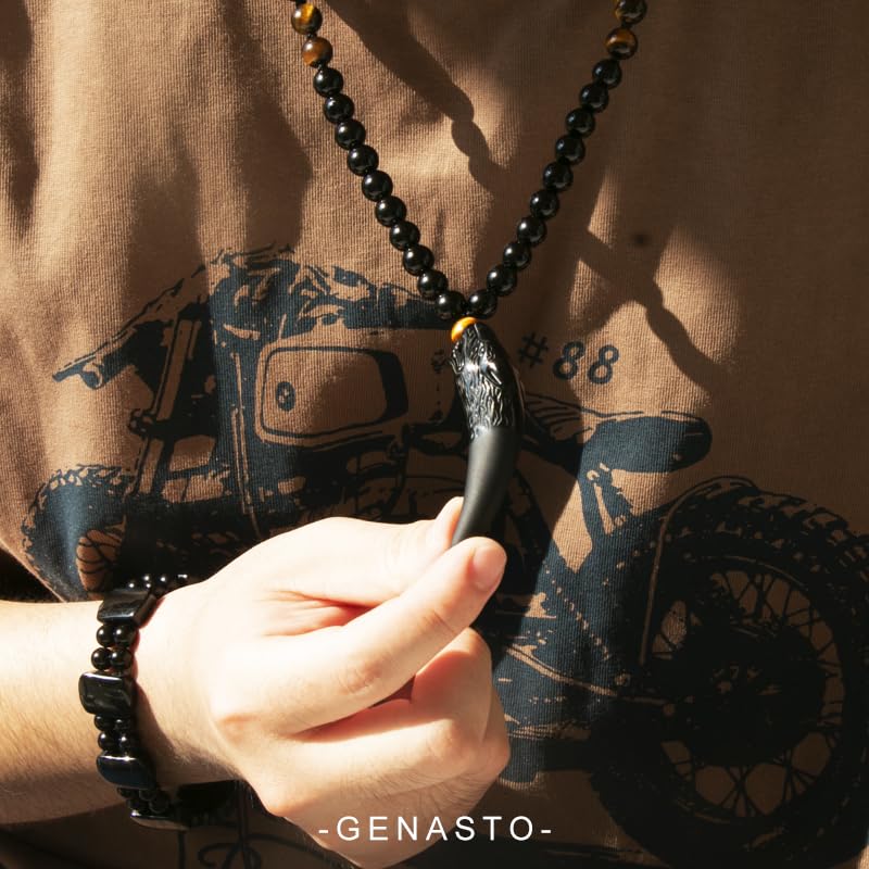 Wolf Tooth Necklace Black Obsidian Stone Beads and Tiger Eye Necklace and Tiger Eye Natural Stone Crystal Healing Prayer Necklace for Men Women2