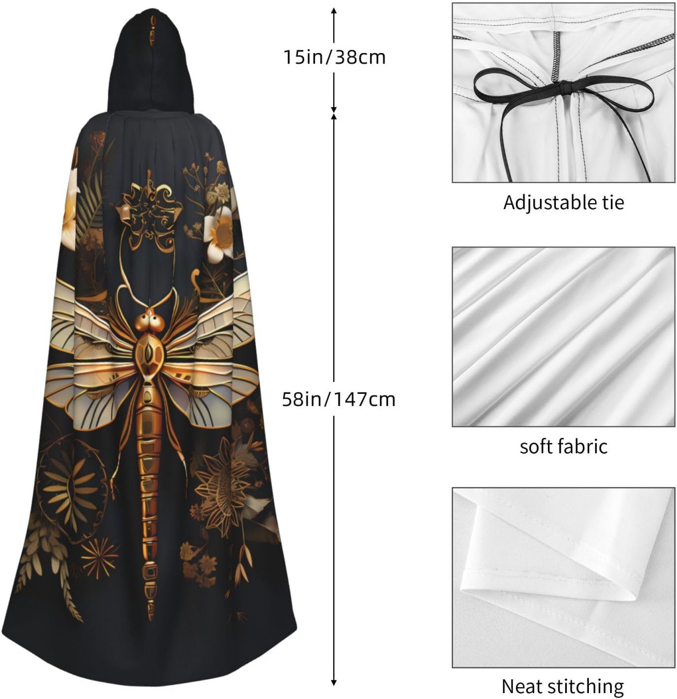 Unisex Full Length Hooded Halloween Christmas Party Robe Cloak Cape Cosplay Costume Men Women Gold Exquisite Dragonfly Prints
