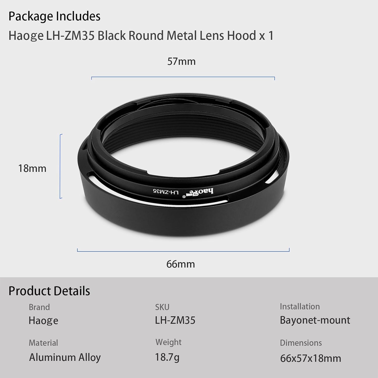 Haoge LH-ZM35 Bayonet Metal Round Lens Hood Shade Compatible with Carl Zeiss Distagon T 1.4/35 35mm f1.4 f/1.4 ZM Lens Black