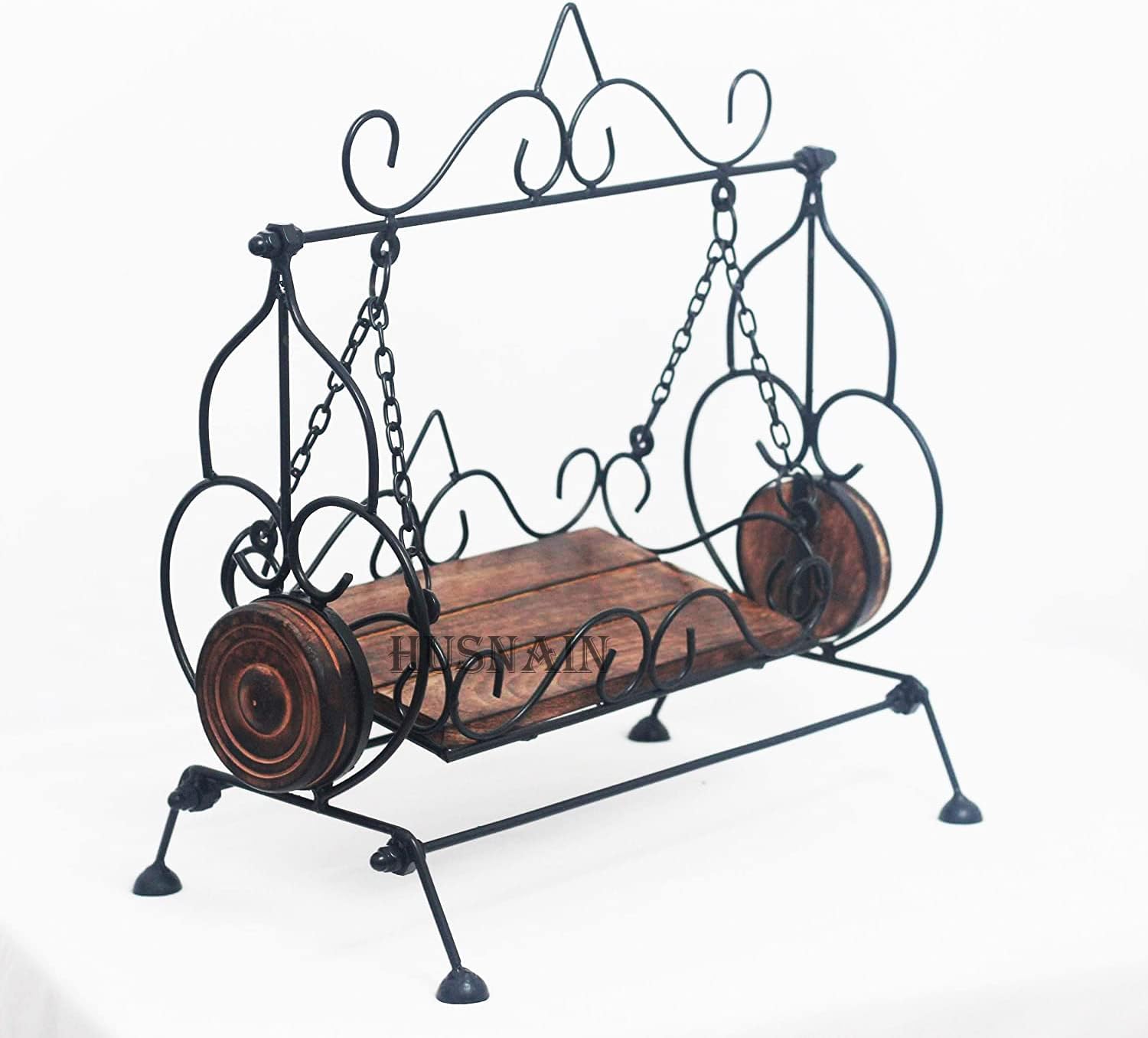 Wooden & Wrought Iron Jhulla for Lord Krishna | Jhulla for God Ideal | Jhulla for Goddess | Wooden Radha Krishna Ji Wrought Iron Frame God Jhula or Swing for Mandir and Home Temple