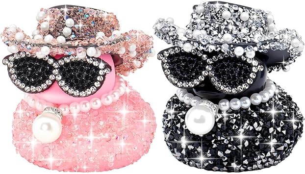 2 Pack,Rhinestone Duck Car Decoration with Cowboy Hat and Sunglasses, Pink and Black,for Cool car Accessories with DiamondAssembly Required