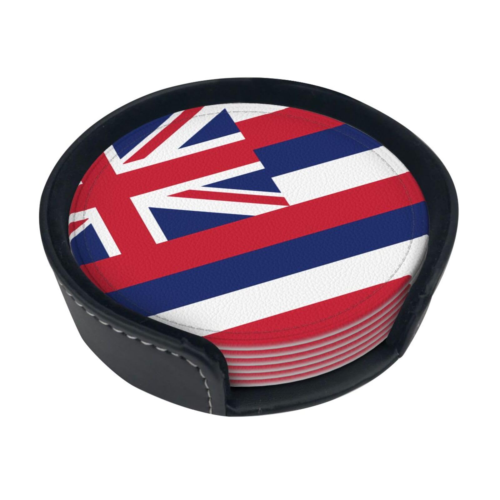 Cntdbu White Hawaii Flag Leather Coasters Set Of 6-Pu Leather Drink Mats For Table, Heat Resistant Round Coasters With Holder