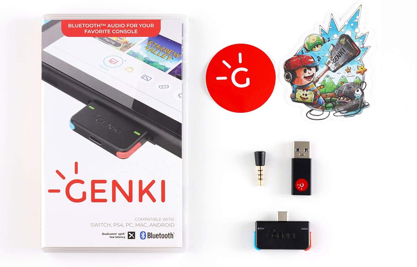 GENKI Audio Bluetooth 5.0 Adapter for Nintendo Switch/Switch Lite/PS4/PS5/PSVR2 - Compatible with all BT Headphones & Airpods, Low Latency with aptX Technology (Neon)