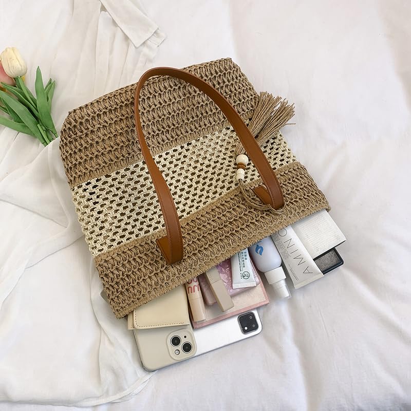 Straw Beach Bag Summer Woven Tote Bag with Zipper Handbag Shoulder Purse for Women Travel Vacation2