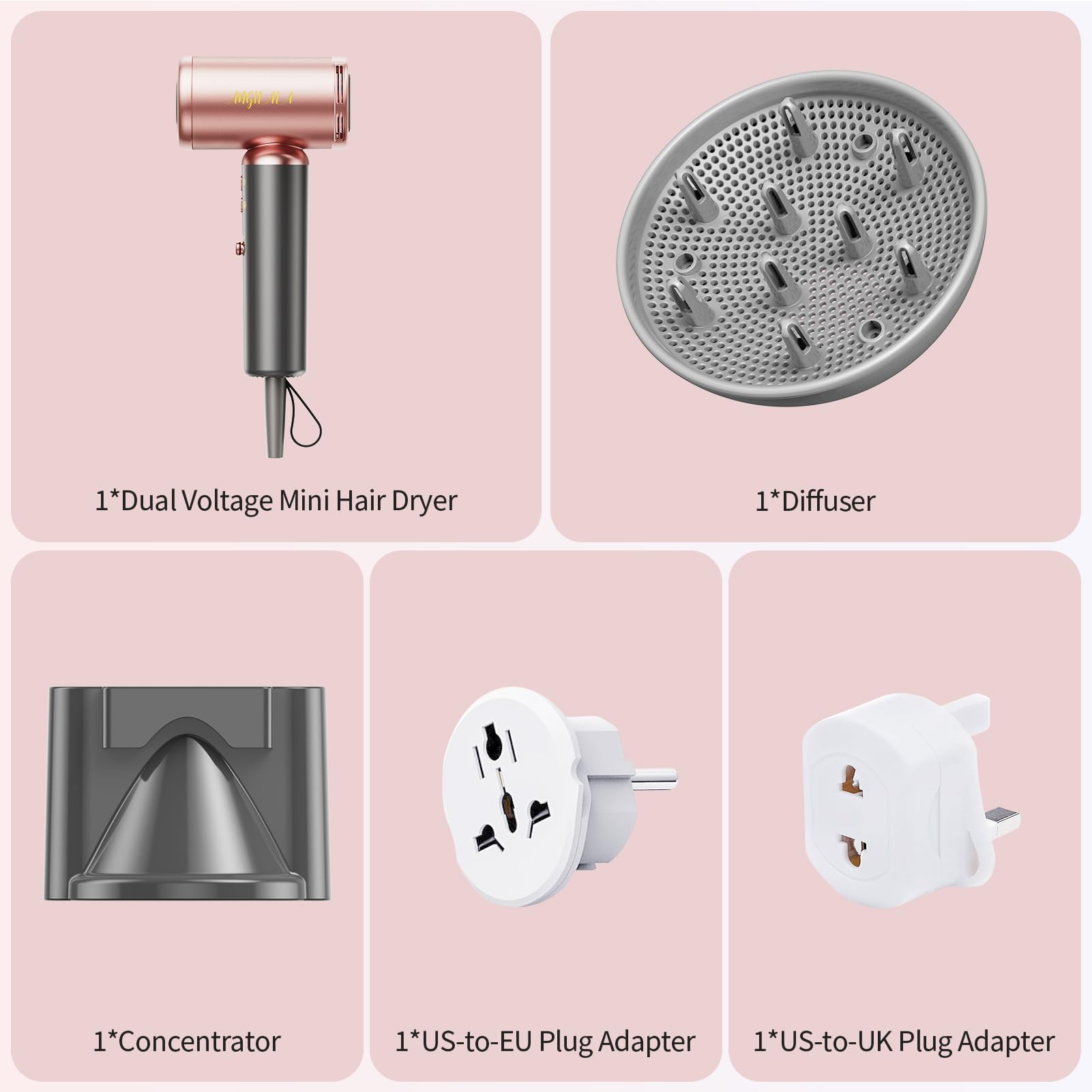 Pink Dual Voltage Travel Mini Hair Dryer, 110,000 RPM, EU/UK Adapters