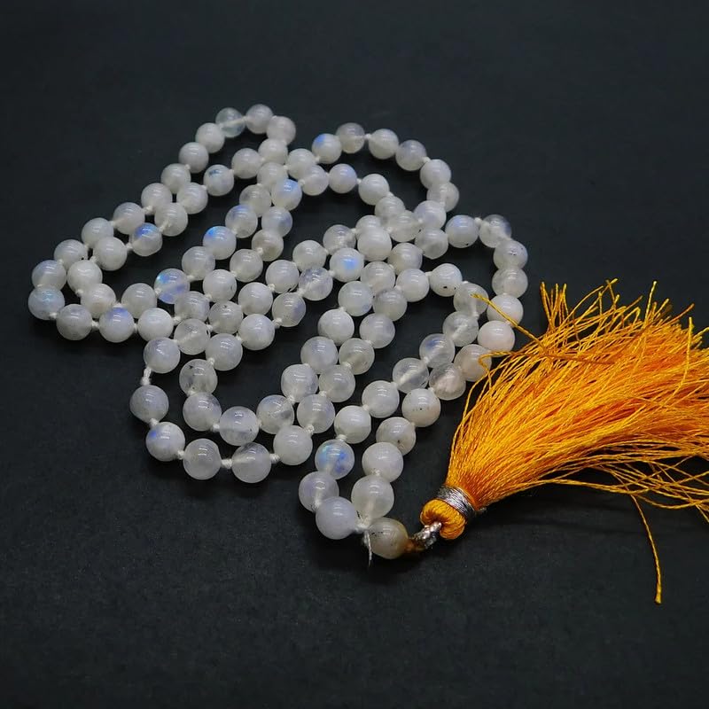 Collar Mala Natural AAA arcoíris blanco 108|Collar Mala con cuentas de oración 108| Mala anudada a mano | Japa Mala| Cuentas redondas de 6 mm | Borla de meditación