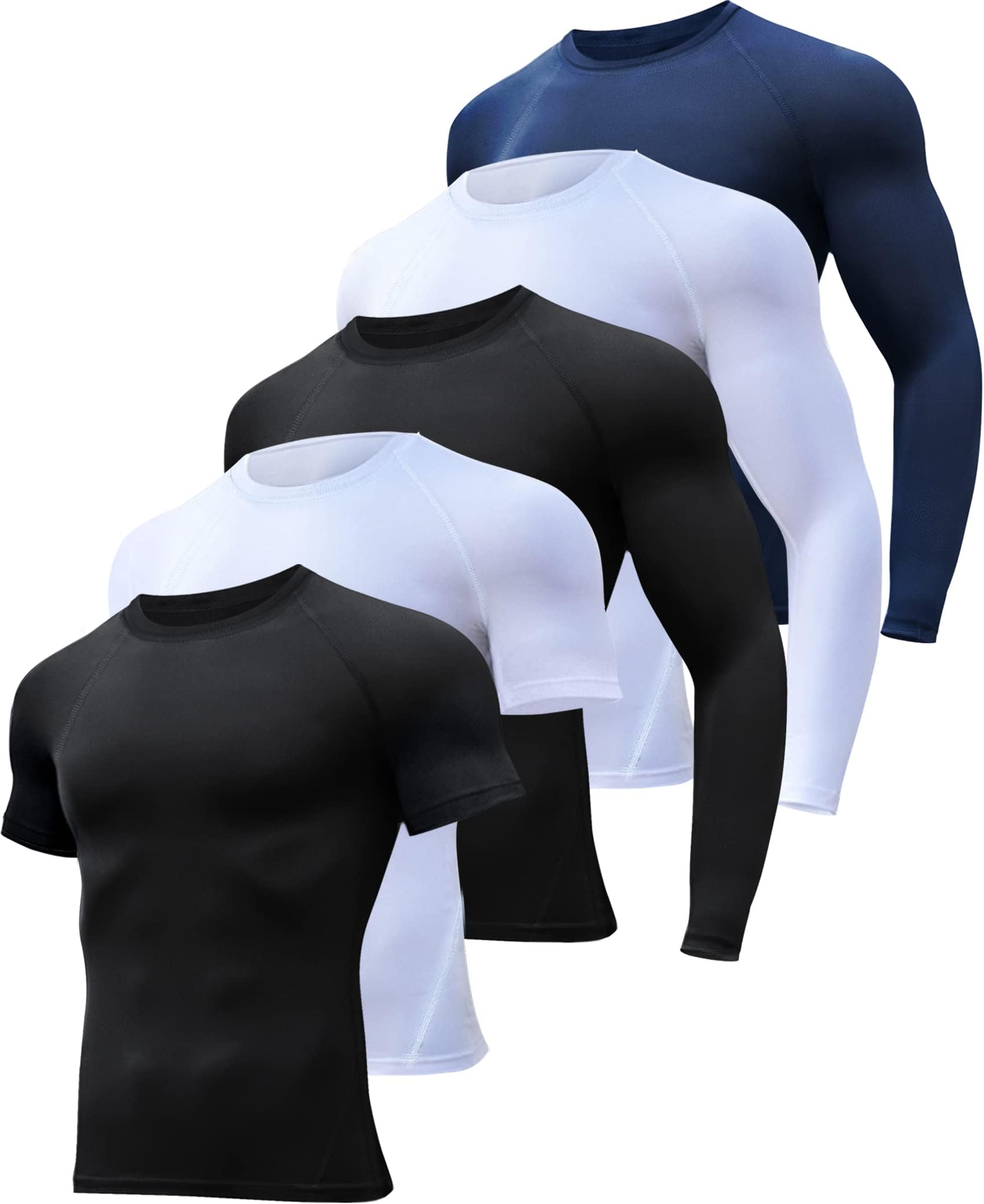 5 Pack Compression Shirts Men Long/Short Sleeve Athletic Cold Weather Baselayer Undershirt Gear T-Shirt for Sports Workout-2 Black 2 White 1 Blue-M