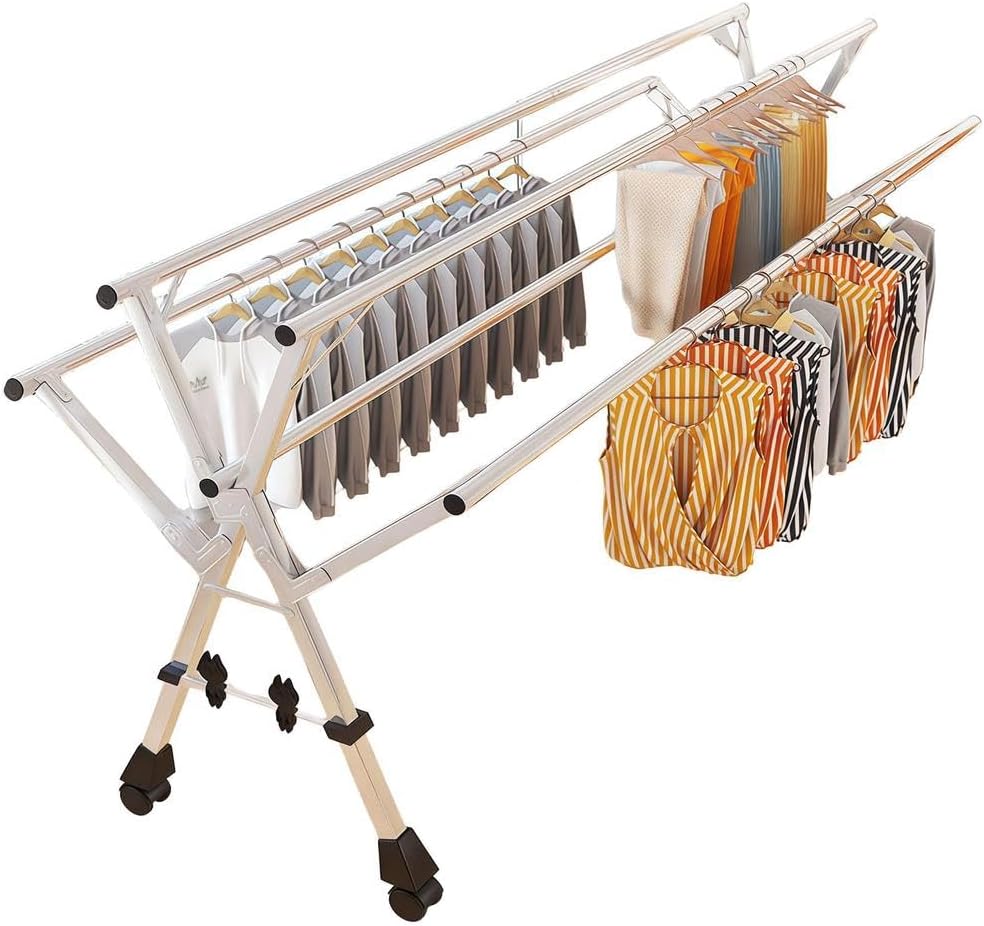Clothes Drying Rack, 5 Pole Stainless Steel, Portable and Foldable, Adjustable Telescopic Design for Indoor and Outdoor Use,1.35m