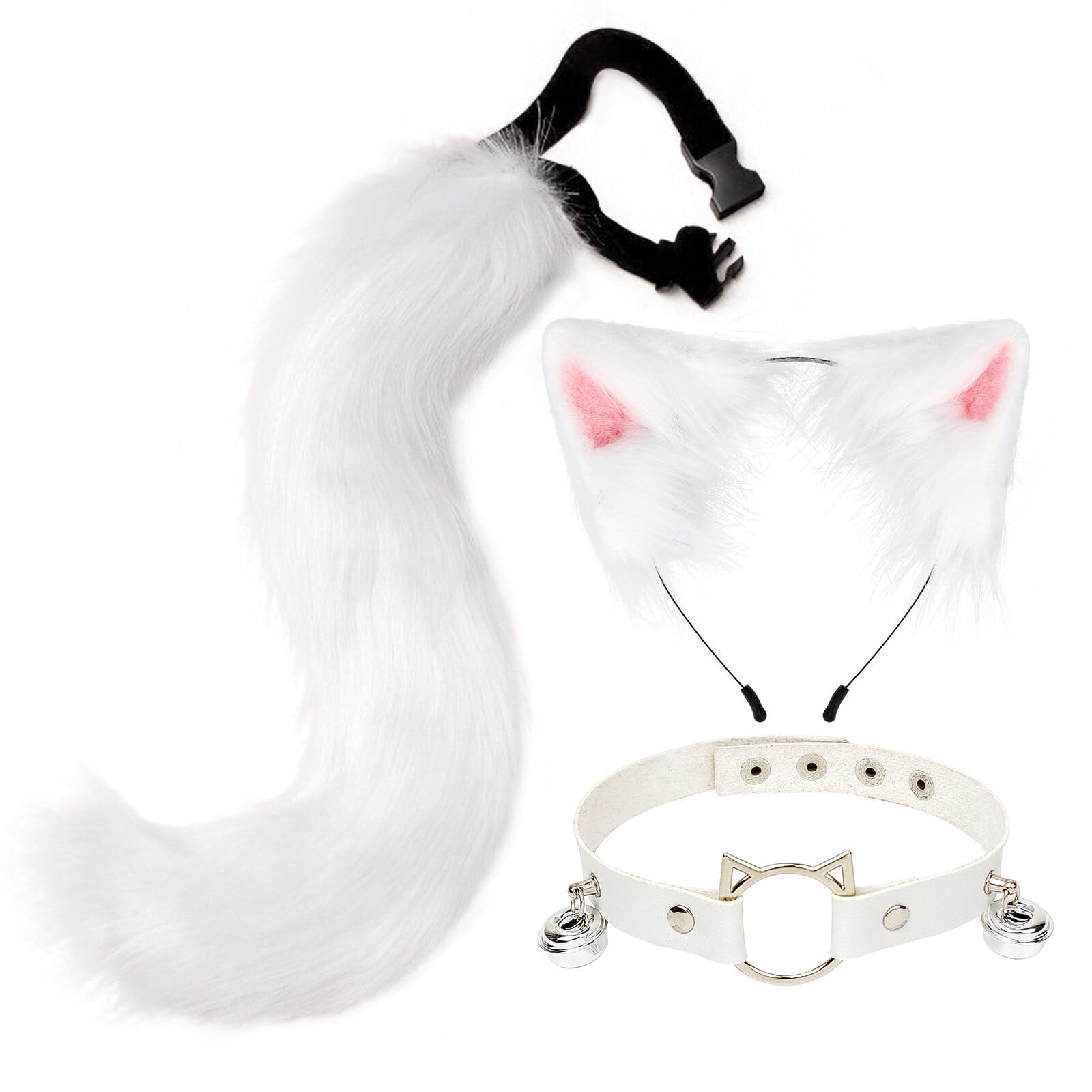 Tail and Ears Set Long Fox Tail Cosplay Faux Fur Furry Fox Wolf Tail Kit with Ears and Bells Collar for Anime Fancy Dress Party Halloween Christmas Dress Up Carnival Role Play