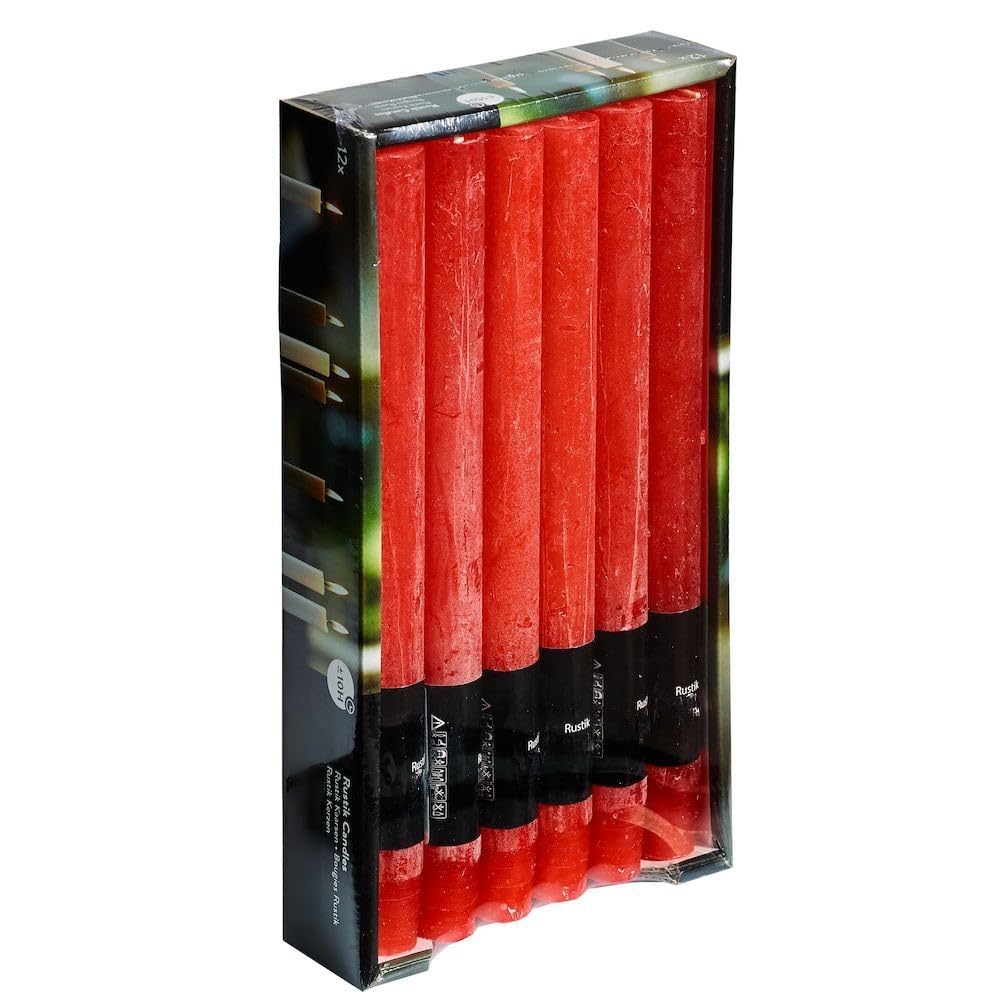 Juego de 12 velas rústicas – Tiempo de combustión: 8 horas, sin hollín, para candelabros, portavelas, corona de Adviento, Navidad, decoración, gastro, boda, (rojo)