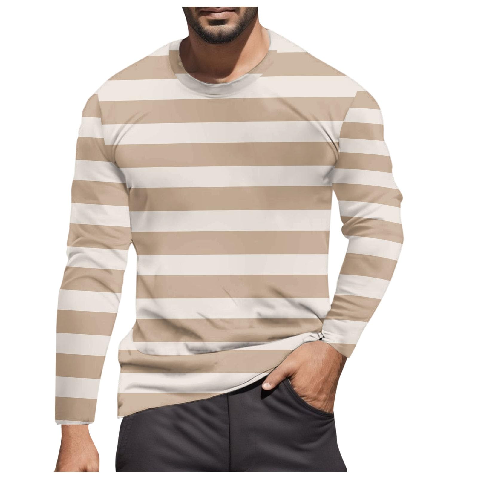 Striped Shirt Men Women Red White Long Sleeve T-Shirt Carnival Long Sleeve T-Shirt Horizontal Stripes Wide Stripes Fine Stripes Crew Neck Leisure Top Striped Shirt Fancy Dress Costumes, Khaki-11, M