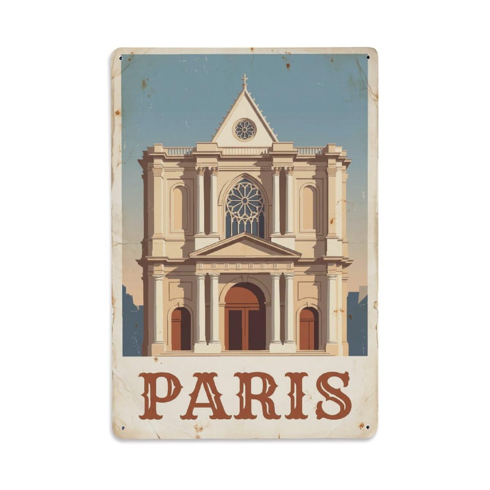 Vintage Travel Paris Église Saint-Gervais-Saint-Protais Church Rusted France Metal Tin Sign Plaque Wall Decor for Cafe, Club Bar, Office, Home Garden Metal Poster 8x12Inch