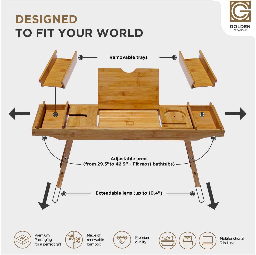 3-in-1 Premium Bathtub Caddy, Laptop Desk & Bed Tray with Extendable Arms and Adjustable Legs - Includes a Free Soap Dish, Two Spa Trays and Tablet/Wine Glass/Candle/Phone Holders - Natural Bamboo