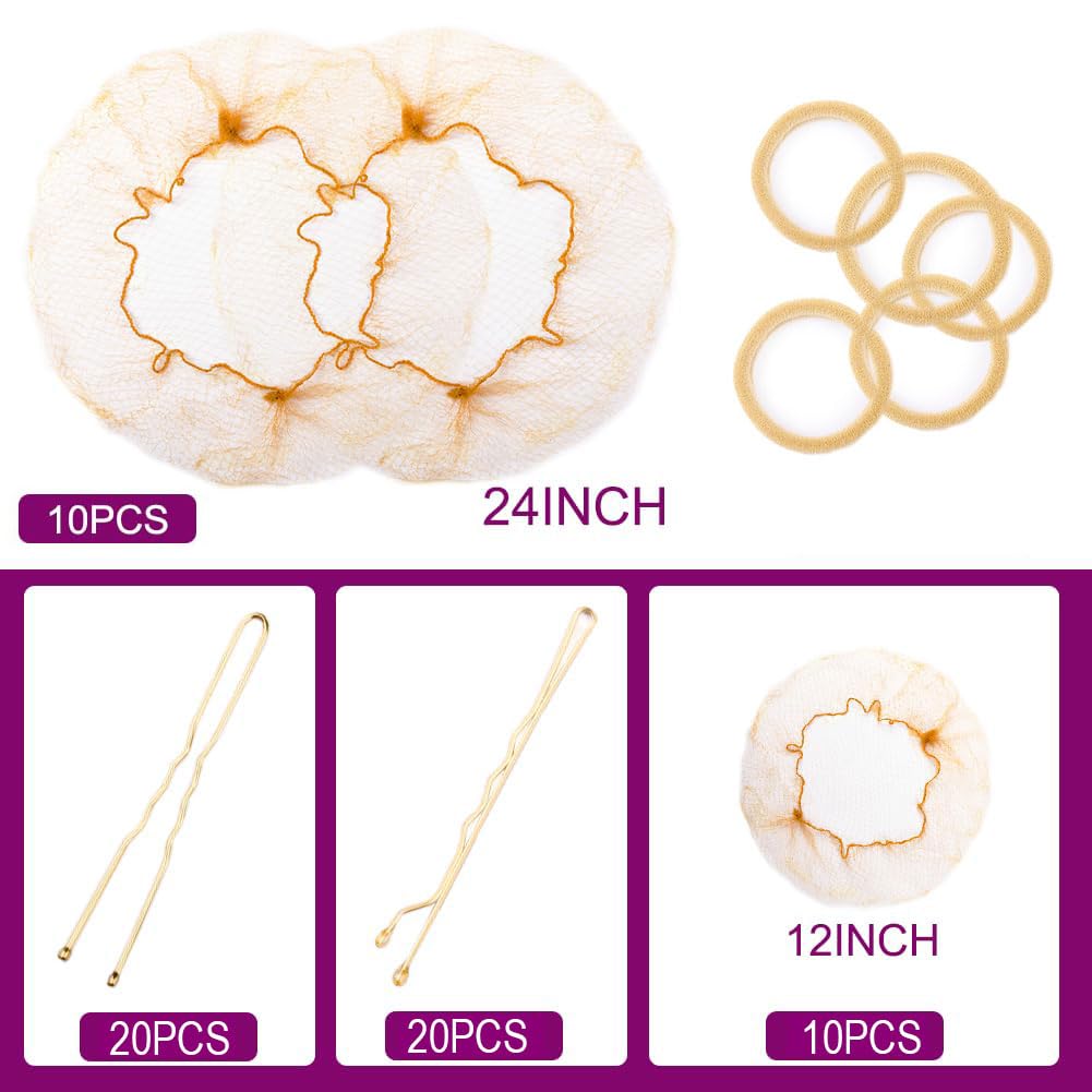 Hair Bun Maker Set, 4 Pcs Crown Shapers for Girls Women, 20Pcs(24inch&12inch) Hair Nets for Buns, 40Pcs（U Shaped&Bobby） Hair Pins, Donut Tool for All Hair Styles（Blonde）