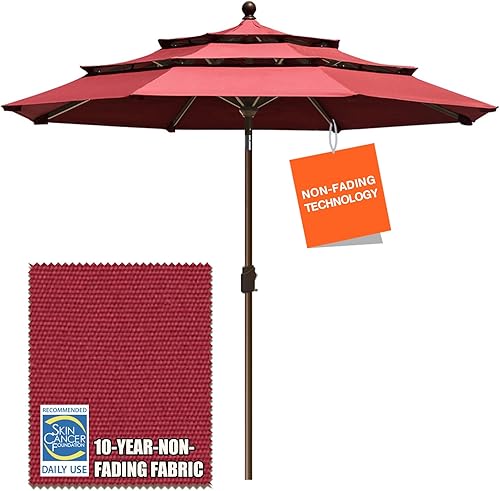 EliteShade Sunumbrella - Sombrilla de patio de 9 pies y 3 niveles, para mercado, exteriores, mesa, no se decolora, con ventilación, color burdeos