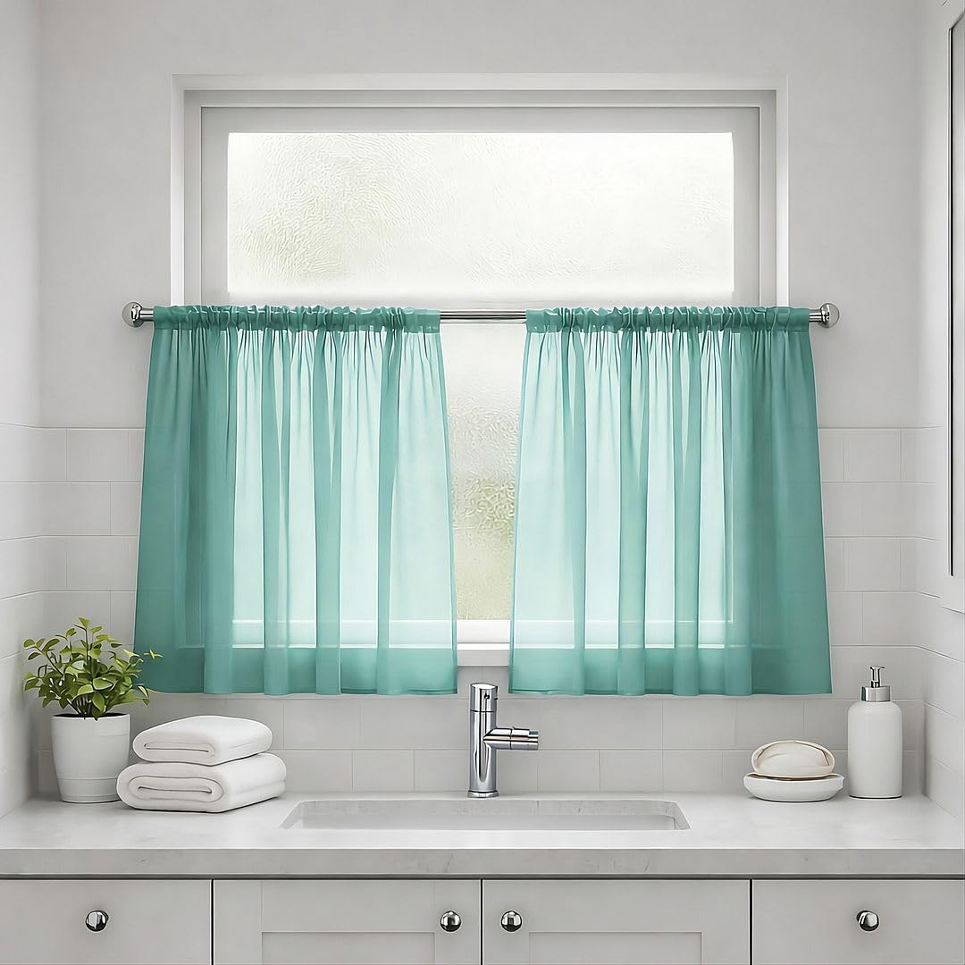 John Aird Lucy Voile Cafe Curtains - Rod Pocket Slot Top - Pair Net Curtains - 2 Panels (Teal, W 28" x L 36")