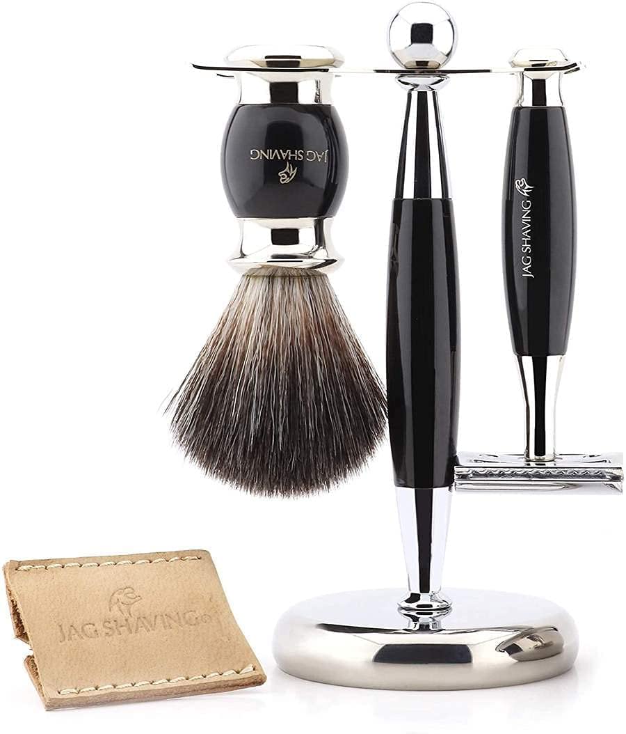 Jag Shaving Podwójny zestaw do golenia z czarną szczotką syntetyczną, stojakiem na golarkę i szczotkę oraz miską