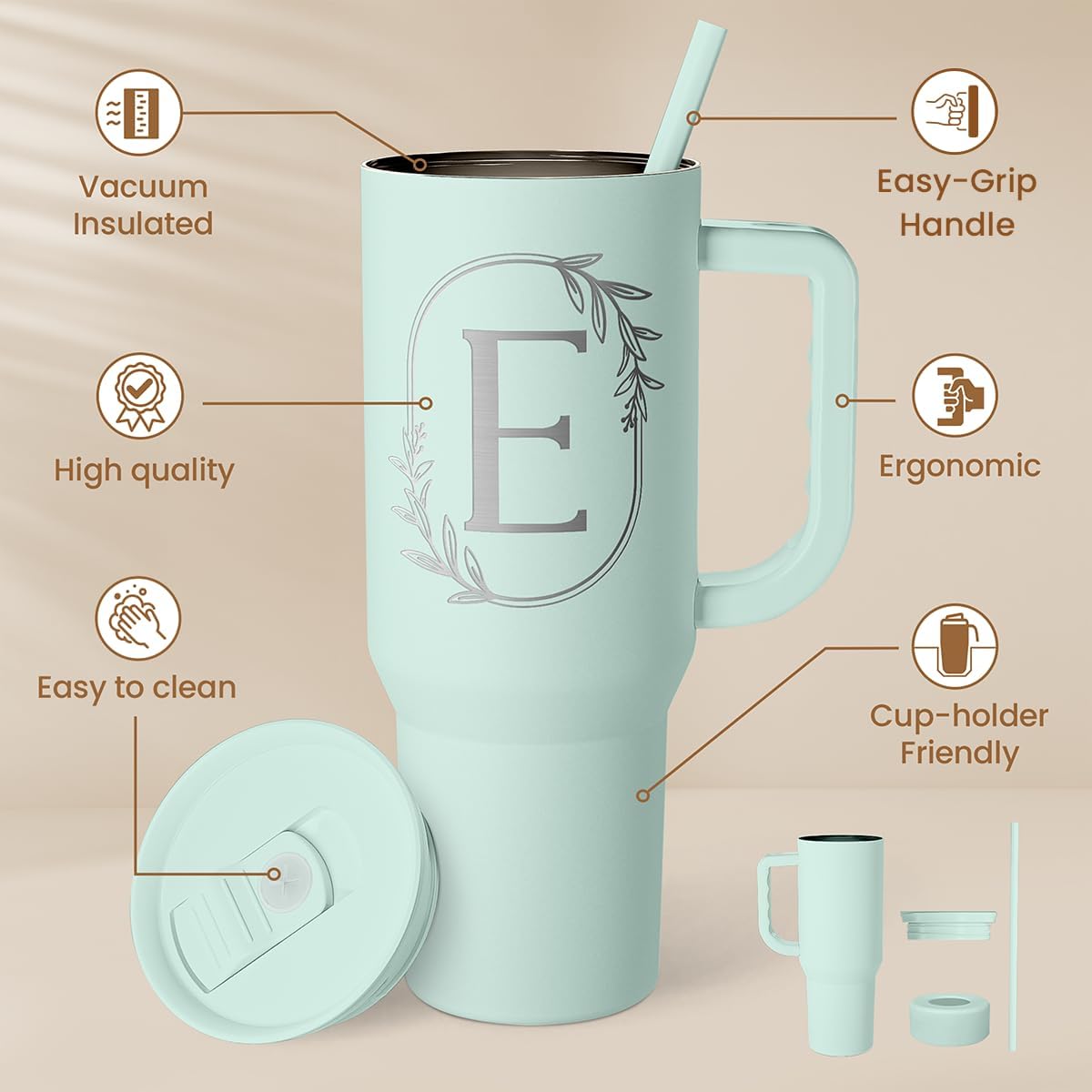Personalized Monogrammed Tumbler with Handle 40oz, Letter E Tumblers Insulated Coffee Travel Cup, Custom Initial Gift for Women Girls Friends, Monogram Gift for Christmas Birthday Mothers Day - Image 2