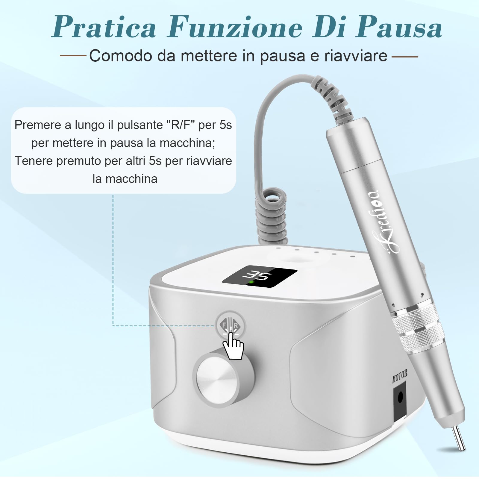 Kredioo Fresa per Unghie Professionale 35000RPM, Fresa Unghie, Lima Per Unghie Elettrica, Manicure e Pedicure, Trapano Elettrico per Rimozione Gel/Smalto, Argento