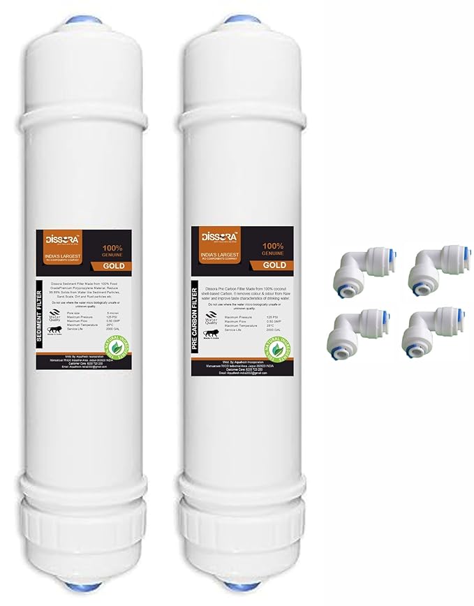 Dissora Gold 10 Inch Inline Pre Activated Carbon Block and Sediment Filter Cartridge Set, Suitable for All Kind of RO UV UF Water Purifier, Pack of 2