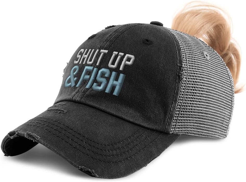 Speedy Pros Womens Ponytail Cap Shut up & Fish Cotton Distressed Trucker Hats