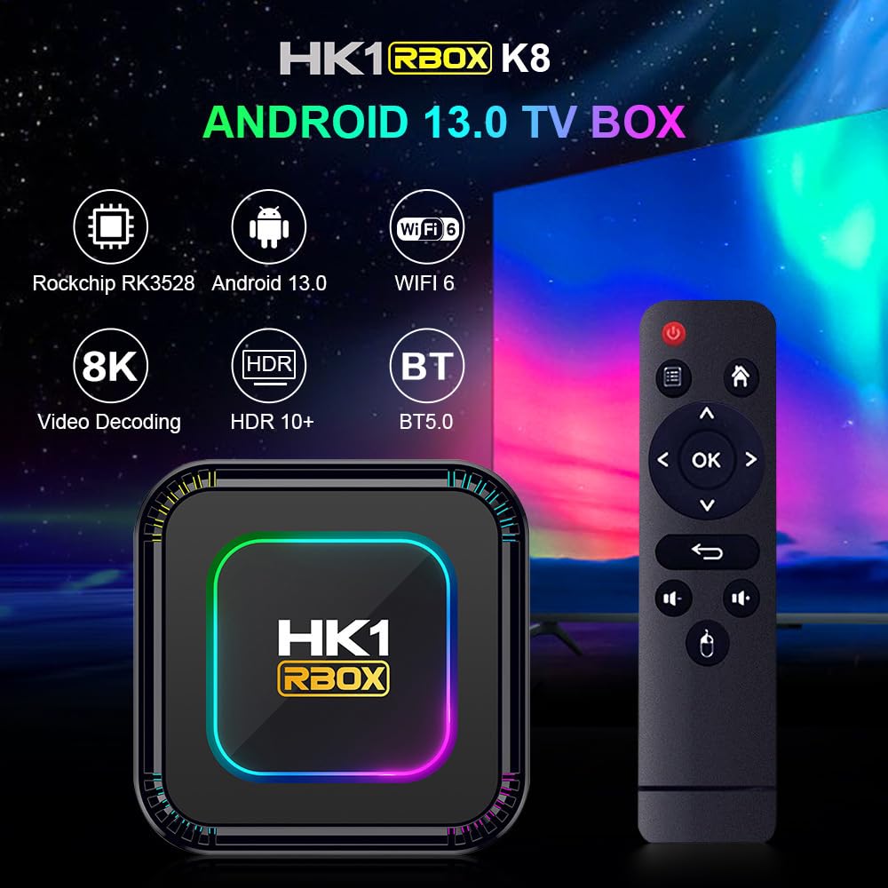 Hk1 Rbox K8 Android 13.0 Smart Box EMMC RK3528 CPU Arm Cortex-A53 Quattro Core 64 bit GPU Mali-G31 MP2 Uscita 4K, BT 5.0 2.4GHz/5GHz WiFi 100Mbps Accesso Internet LAN,4GB+32GB