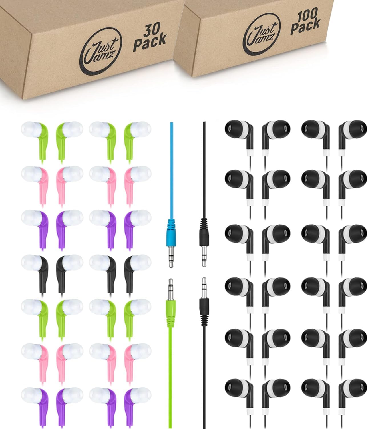 JustJamz 130 Bulk Earbuds Bundle: 30 Multicolor in-Ear Headphones + 100 Black Dot Wired Earphones | Disposable Classroom Earphones for Students, Kids, Libraries, and School Activities