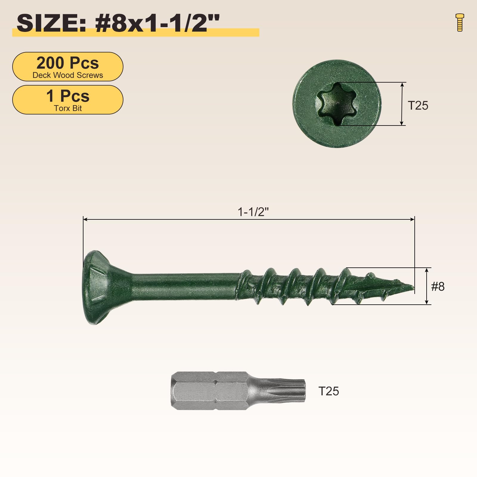 METALLIXITY Deck Screws (#8x1-1/2") 200Pcs, Carbon Steel Wood Screw Decking Screws Epoxy Coated with T25 Torx Drive Head - Image 2