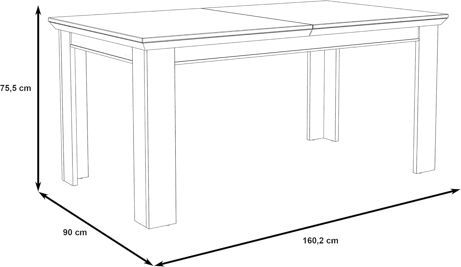 Diagram showing dimensions of the Forte KSMT40-D43 dining table