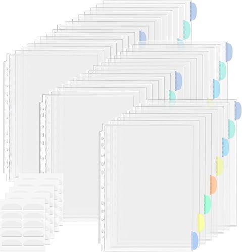 Juego de 5 40 fundas de plástico A4, divisores de bolsillo para carpetas de 234 anillos con 8 pestañas, protectores de hojas de plástico