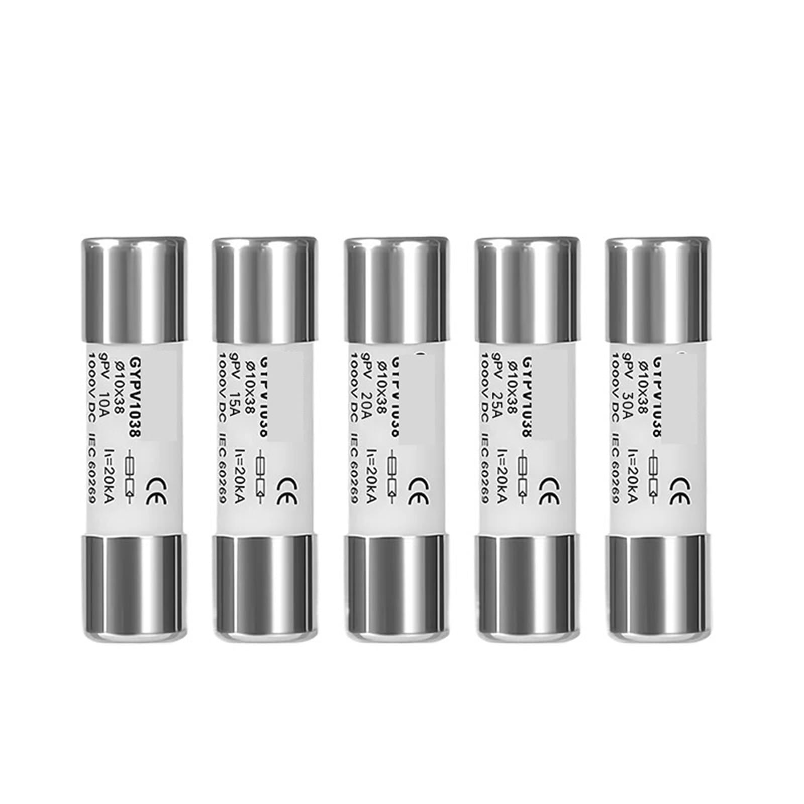 10PCS Fusibili fotovoltaici solari 1000V 10A 20A 25A 30A Alta tensione for protezione da cortocircuito del sistema solare Pannelli gPV 10x38mm(1000V DC 20A)