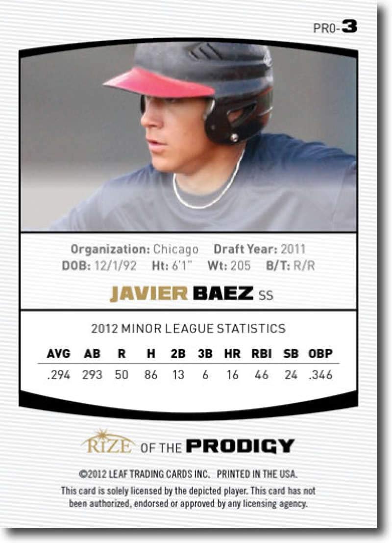 2012 Leaf Rize Draft Black Prodigy #P3 Javier Baez Cubs (Rookie/Prospect Insert Paragon Card) MLB Baseball Card /50 NM-MT