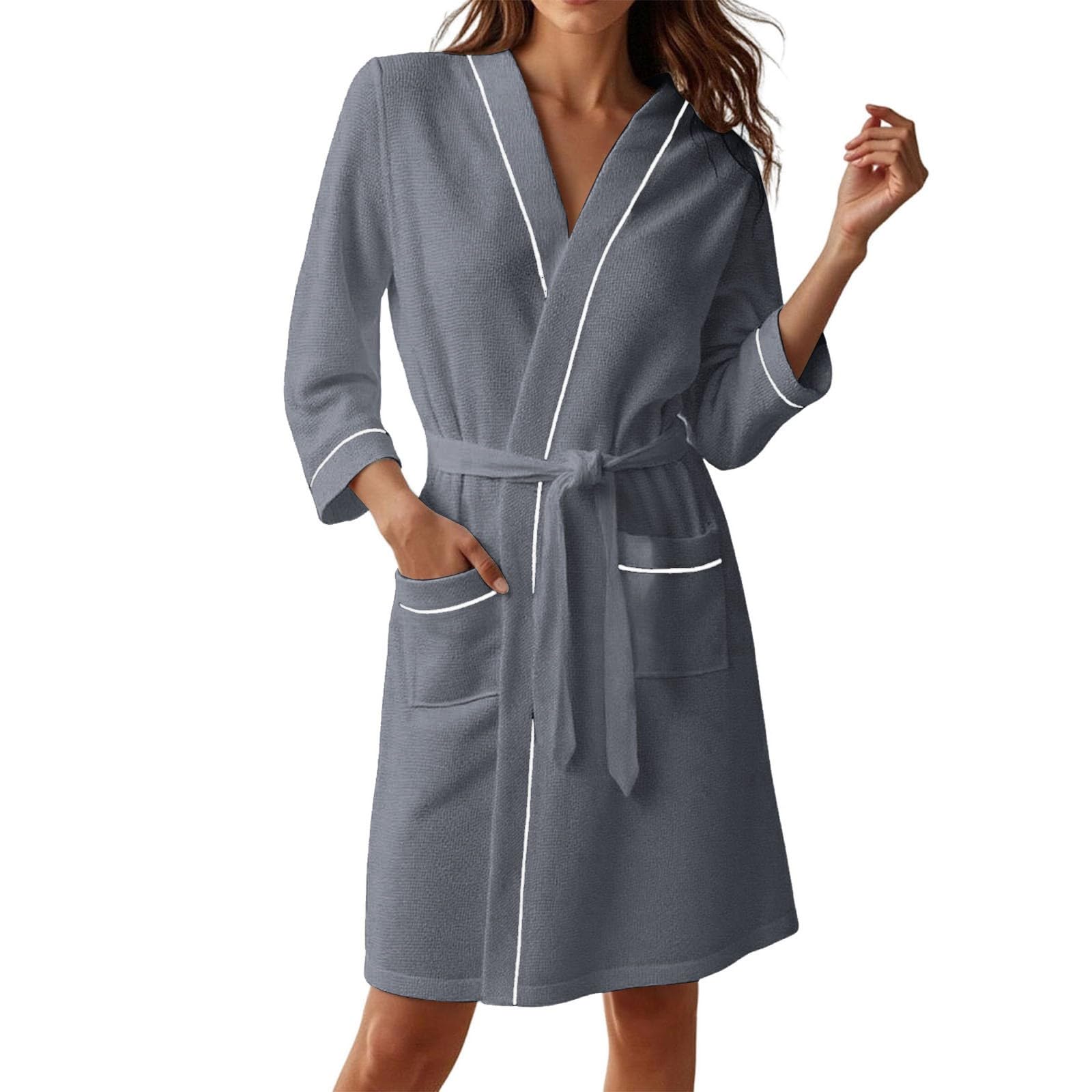 Generisch Peignoir pour femme avec manches 3/4 gaufrées, longueur genou, en tissu éponge, poncho de bain, kimono, spa, peignoir léger, pyjama, vêtement de plage, peignoir de voyage, peignoir de sauna