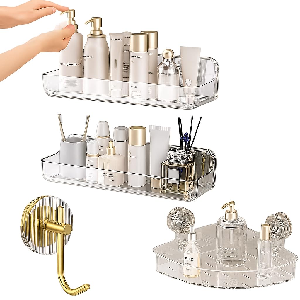 Acrylic Corner Shower Shelves with 2 Hooks 2 Tier Triangle No Drill Bathroom Organizer Adhesive Wall Mounted Caddy
