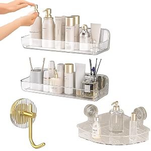 Acrylic Corner Shower Shelves with 2 Hooks 2 Tier Triangle No Drill Bathroom Organizer Adhesive Wall Mounted Caddy