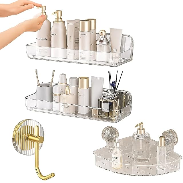Acrylic Corner Shower Shelves with 2 Hooks 2 Tier Triangle No Drill Bathroom Organizer Adhesive Wall Mounted Caddy