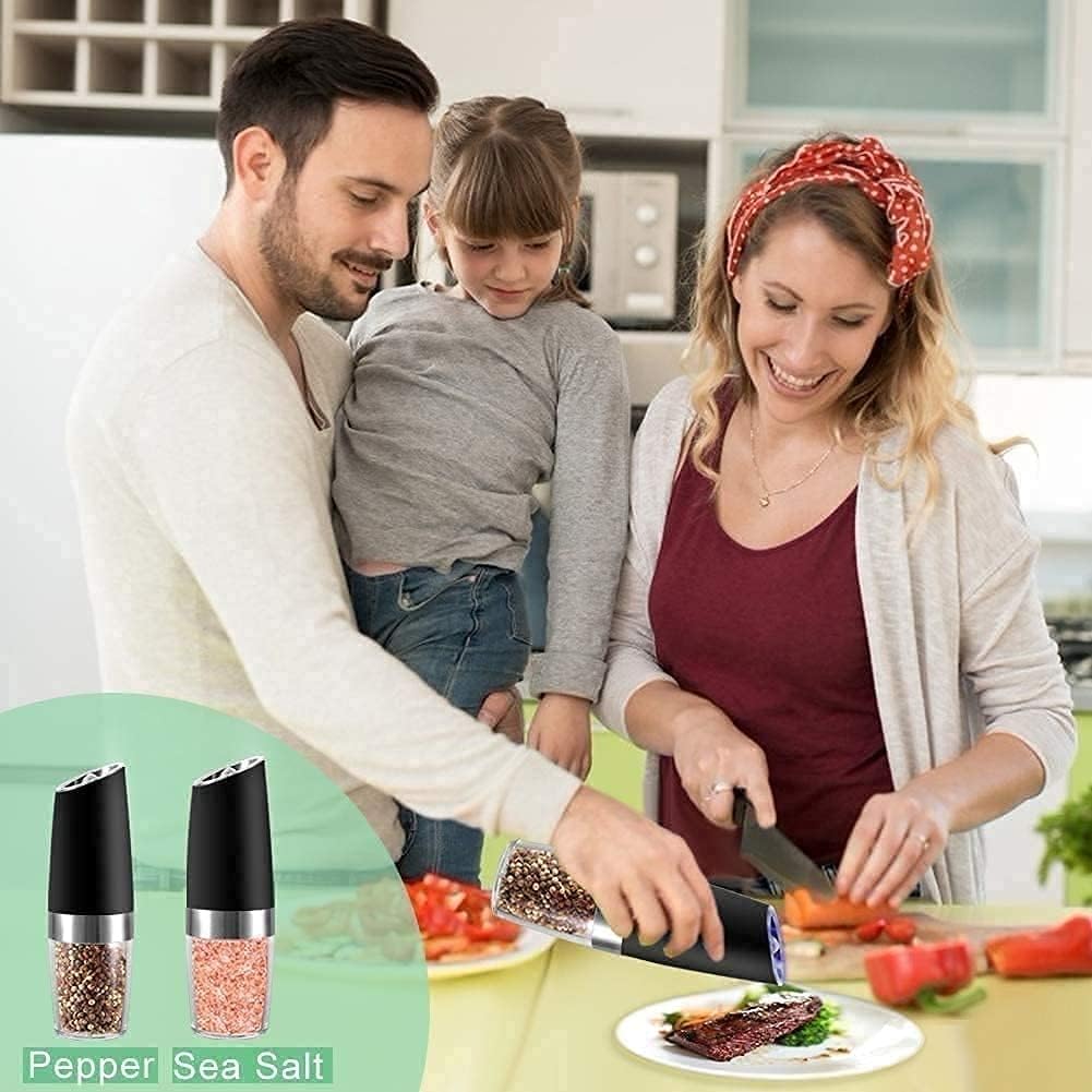 Automatic Induction Salt and Pepper Grinder Refillable Set - Short Glass Shakers with Adjustable Coarseness for Black Peppercorn Sea Salt or Spice Mill Black