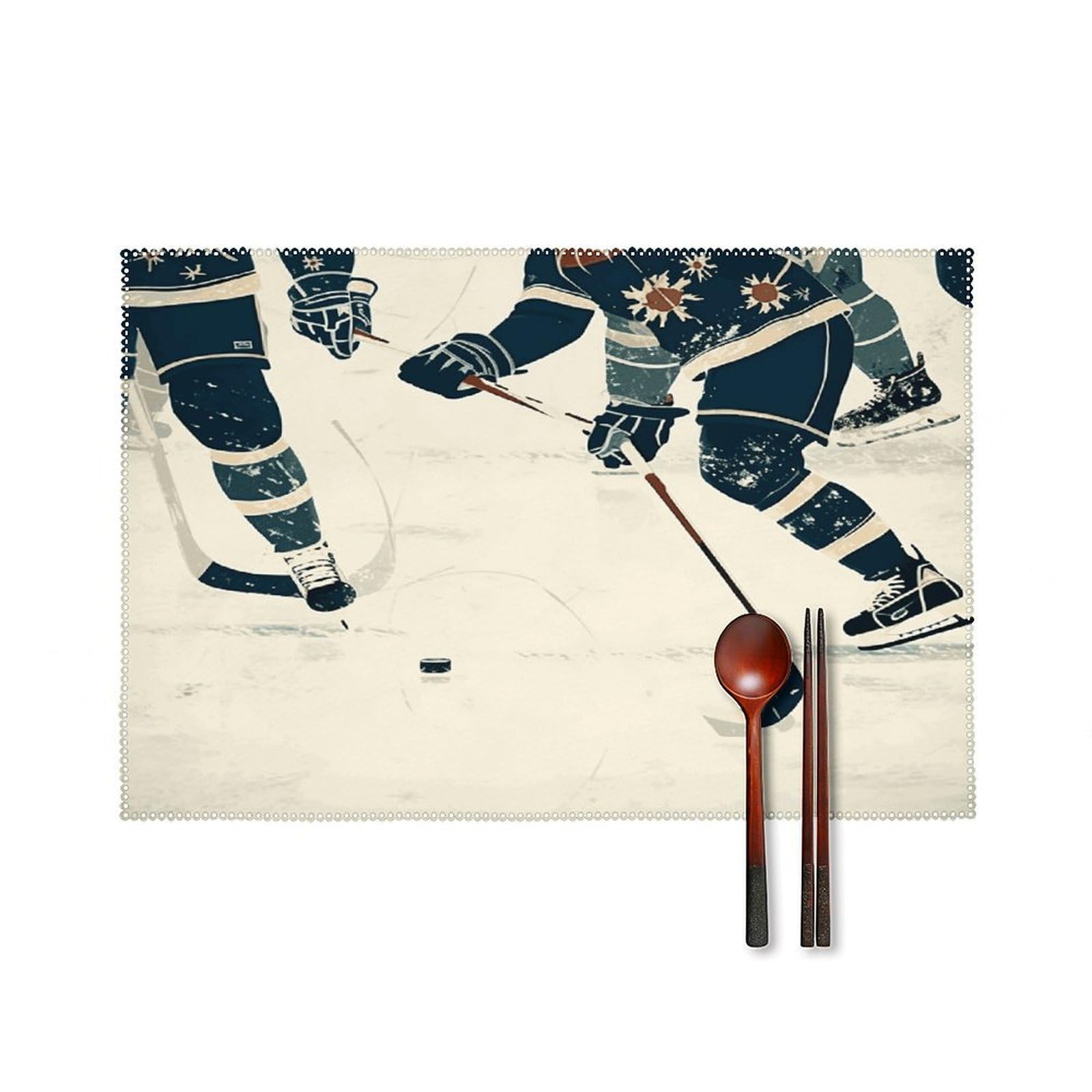 Ice Hockey Pattern Placemats Washable Canvas Place Mats Decoration Placemat for Dining Table Easy to Clean Tables Mat Set of 6 for Kitchen Dining Room Coffee Table