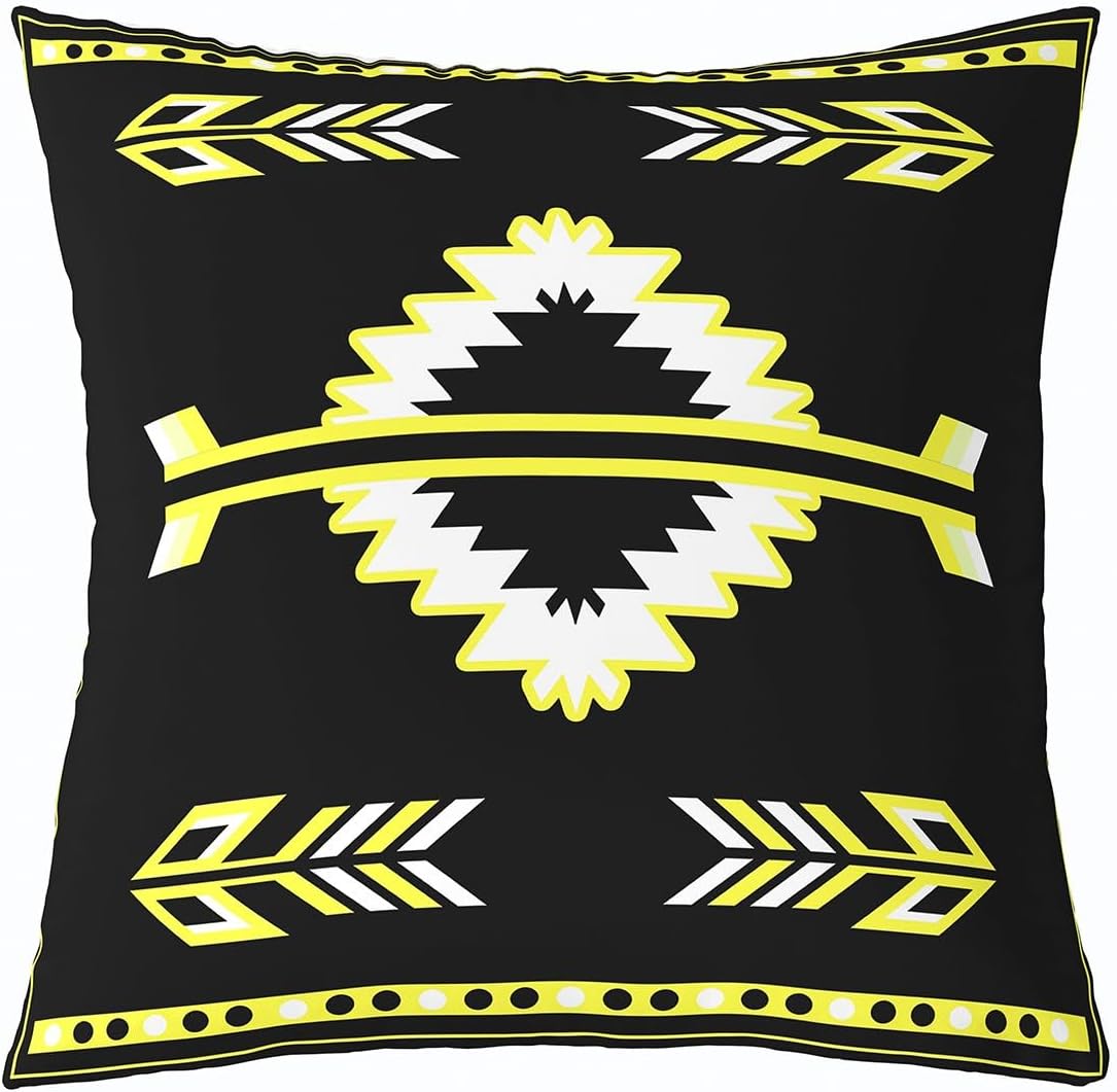 Southwestern Plaid Pillow Cover 18x18 Inch Yellow Black Ethnic Tribal Grid Cushion Cover for Kids Teens Adults Bohemian Style Retro Stripes Cushion Case for Chairs Couch
