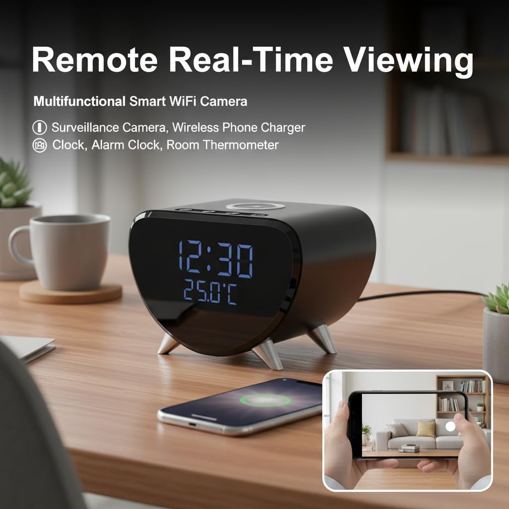 Mini Camera 4K Clock Cam, Support Wireless Charge Motion Zone Detection Cam Clock for Home & Office Use(No Audio)