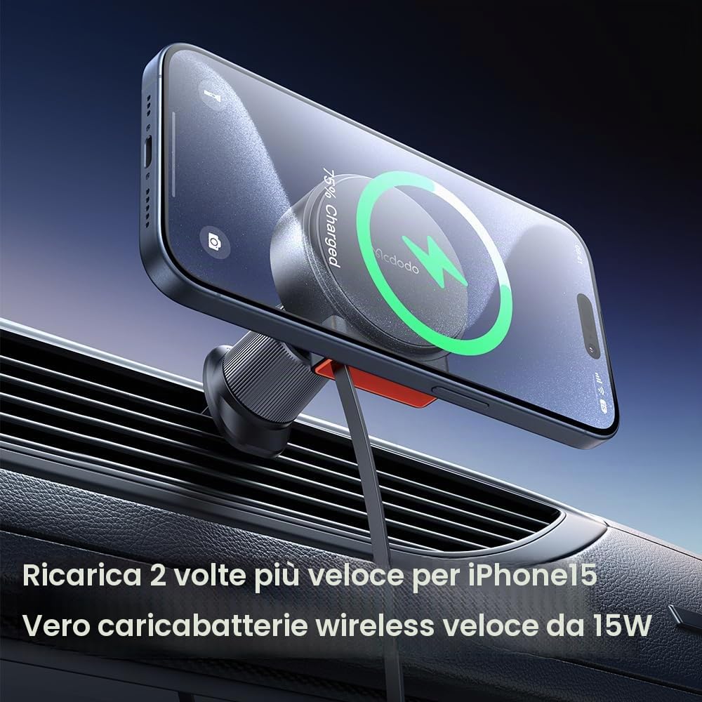 Mcdodo Supporto per cellulare auto con funzione di ricarica e cavo da 15 W per supporto auto Magsafe, funzione di ricarica compatibile con auto, magnete senza fili, per iPhone 15, 14, 13, 12