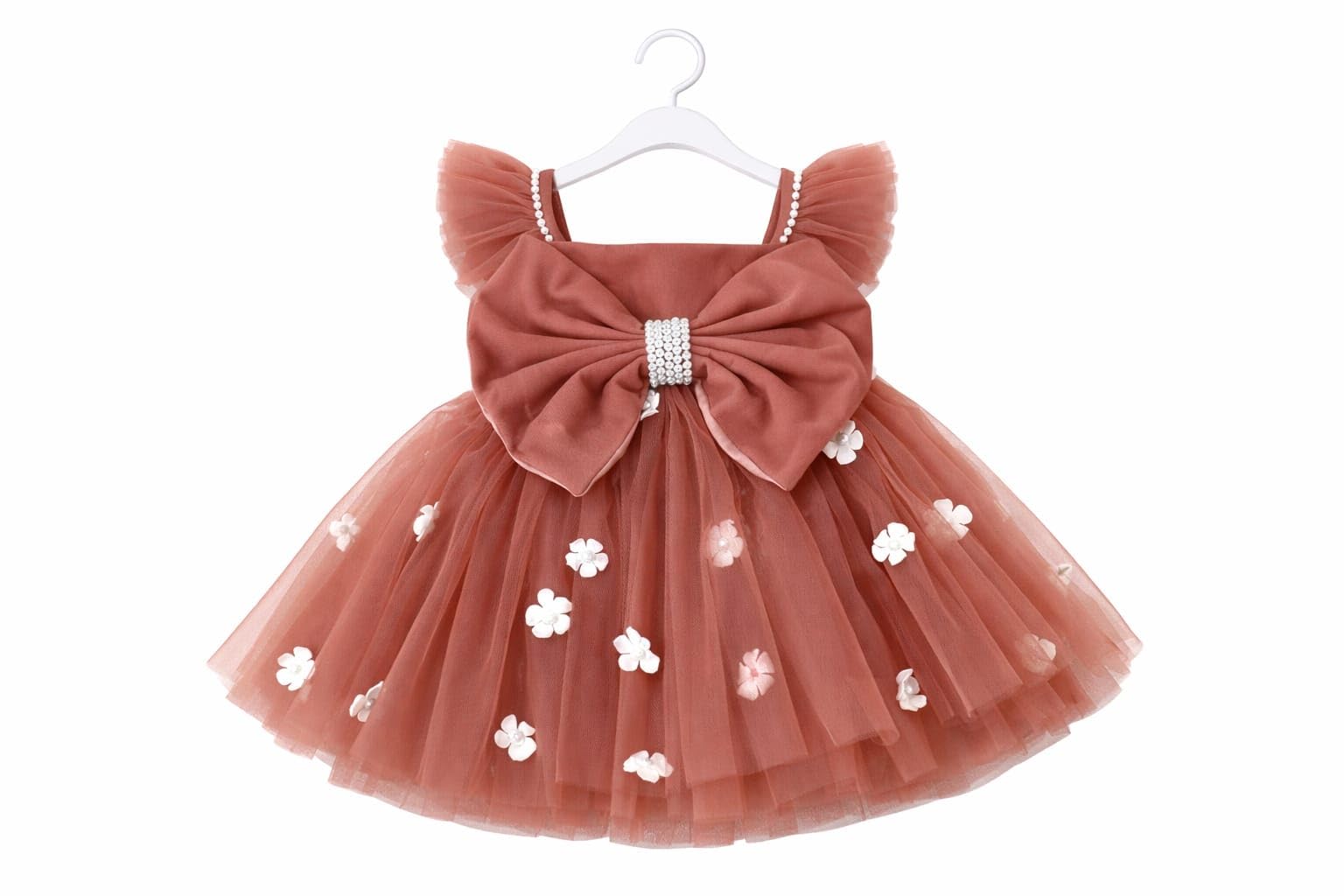 Baby Girls Tulle Tutu Dress, Dusty Rose, Flutter Sleeves, Big Bow with Pearl Detail, 3D Floral Applique-image-28