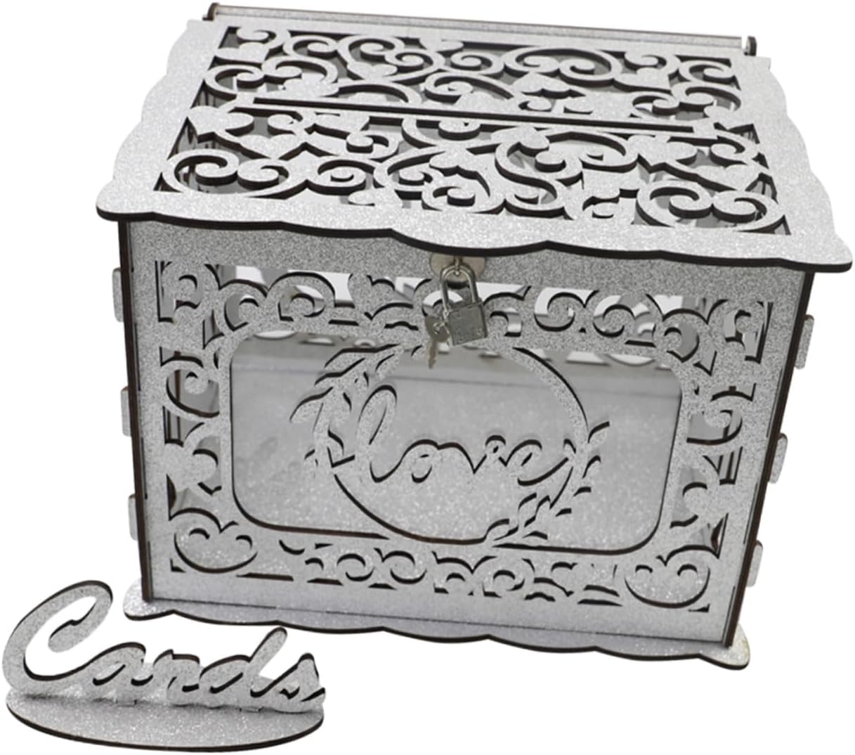 Wooden Hollow Card Box with Lock Wedding and Birthday Card Holder Square Wood Storage Container Reception and Party Decor