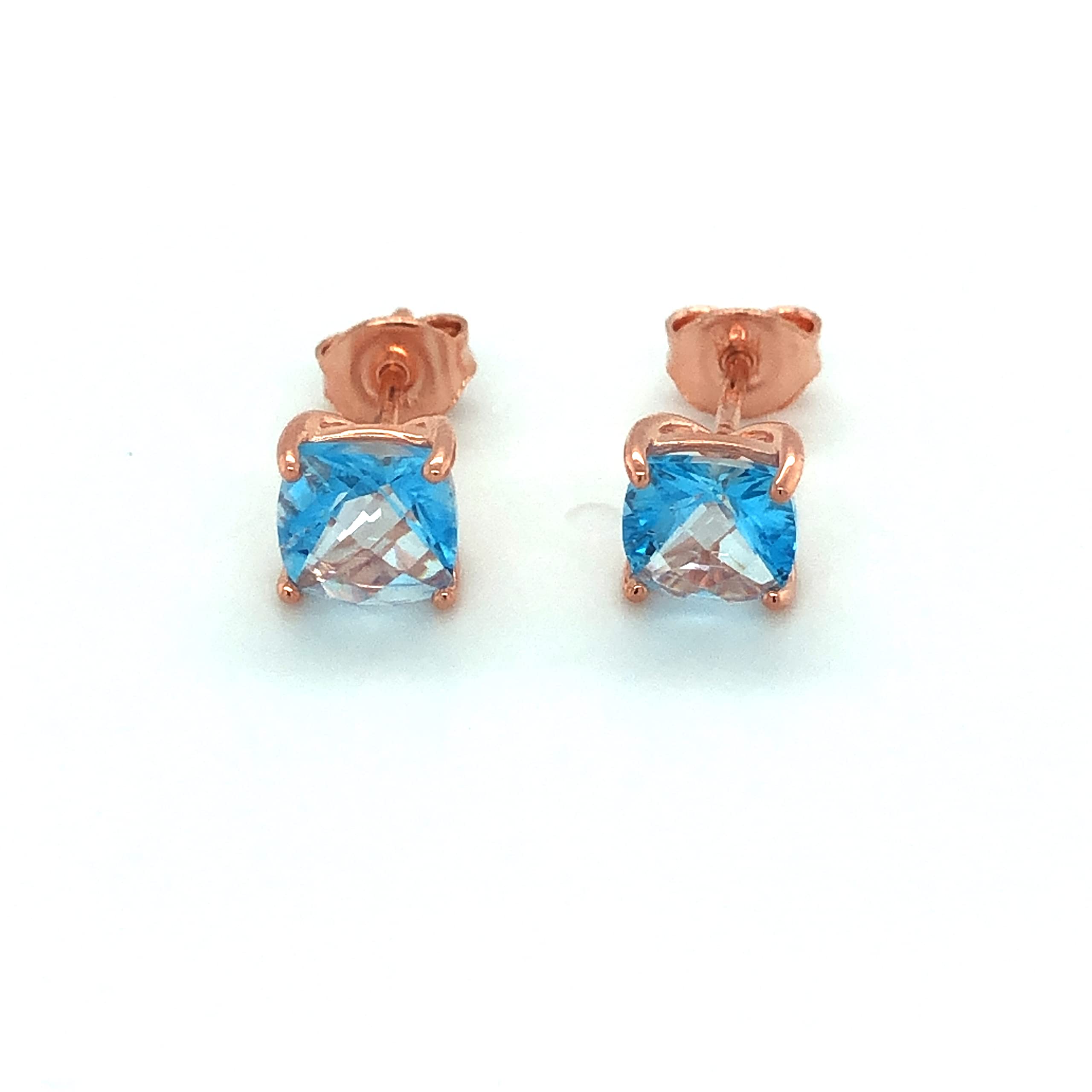 1 5/8 Carat Blue Topaz Square Stud Earrings for Women I 14k Rose Gold Plated 925 Sterling Silver Earrings for Her I 1.60 CT Cushion Cut Gemstones I Classic Unisex Push Back Studs
