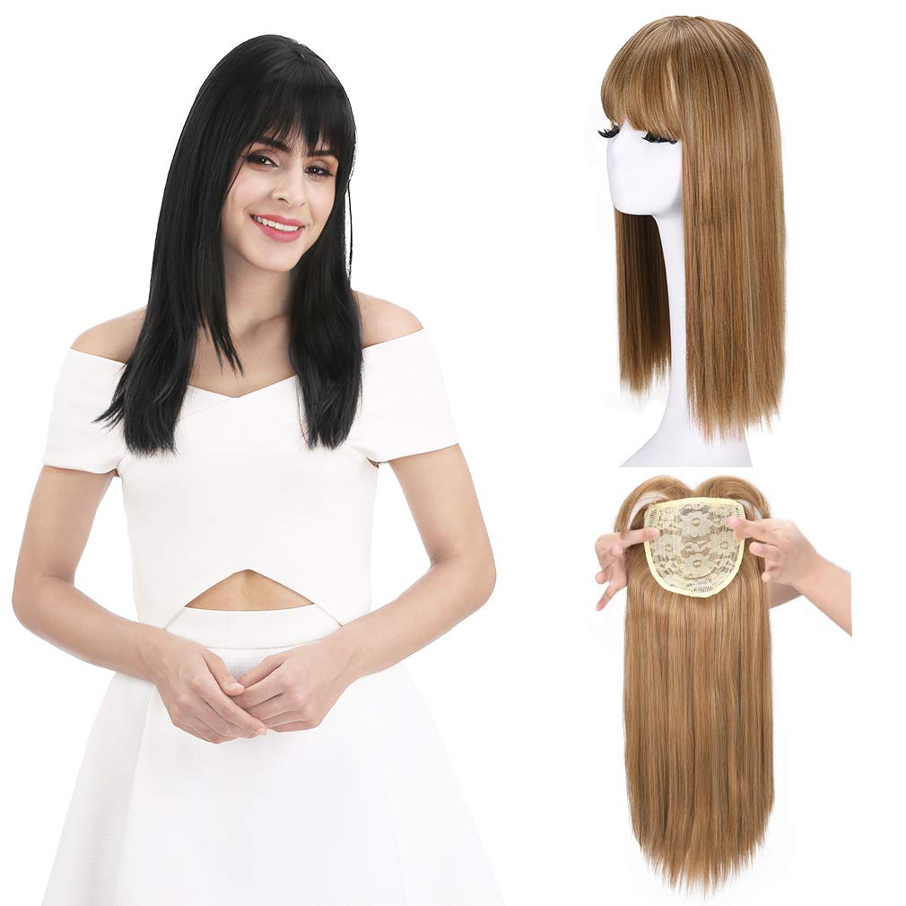 REECHO 18" Synthetic Hair Topper Wiglet Hair Enhancer with Straight Bangs 3 Clips in Straight Hair Extensions Hair Closure Piece Hairpieces for Women - Dark Blonde
