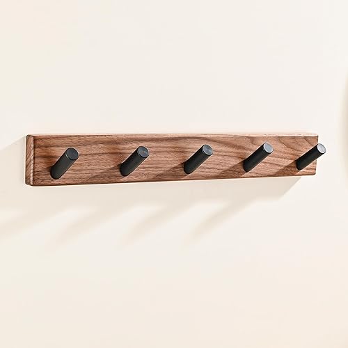 Miniatura 1 de LECHYN Black Walnut Wood - Perchero pequeño de madera de 17.3 pulgadas, montado en la pared con 5 clavijas, ganchos de pared de entrada, colgador