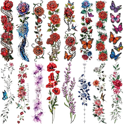 Casciybo 3D Flower Temporary Tattoos for Women -24 Sheets Colourful Flower Roses Realistic Butterfly Tattoo Stickers Watercolor Waterproof Tattoo for Arm Collarbone Leg Backbone Body Art