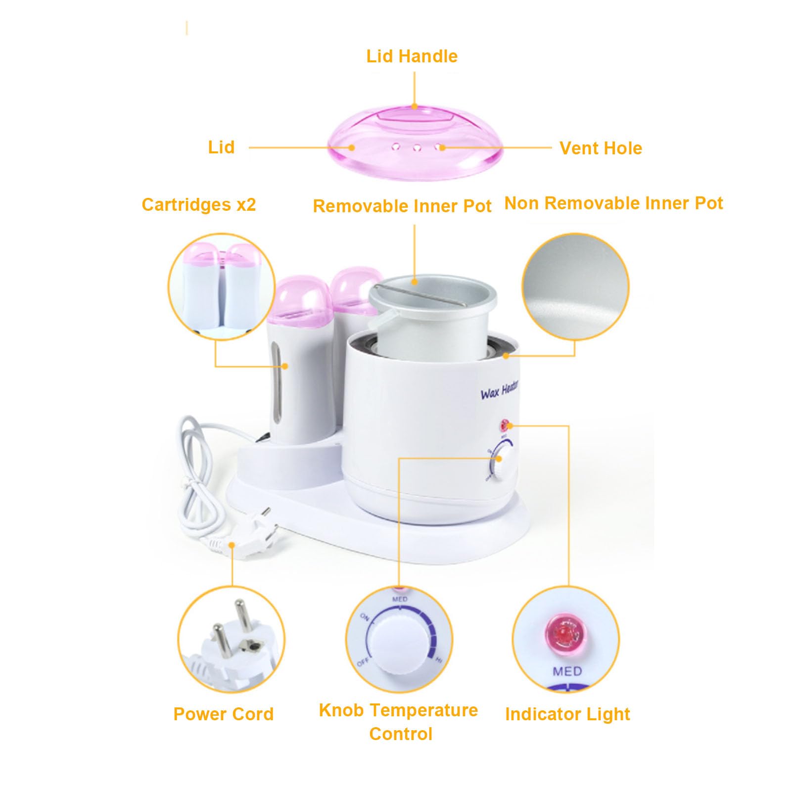 Scaldacera 3 in 1, scaldacera a rullo, 180 W, temperatura regolabile per uso domestico, dispositivo per la depilazione a doppia cartuccia.